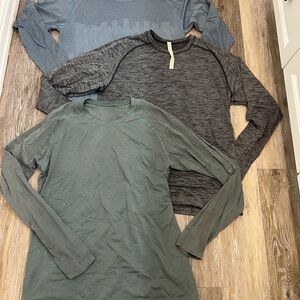 LULULEMON Set of Three Long Sleeve Shirts in Gray Green blue well loved